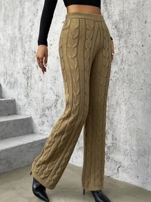 High Waist Cable Knit Trousers - Khaki - View 6