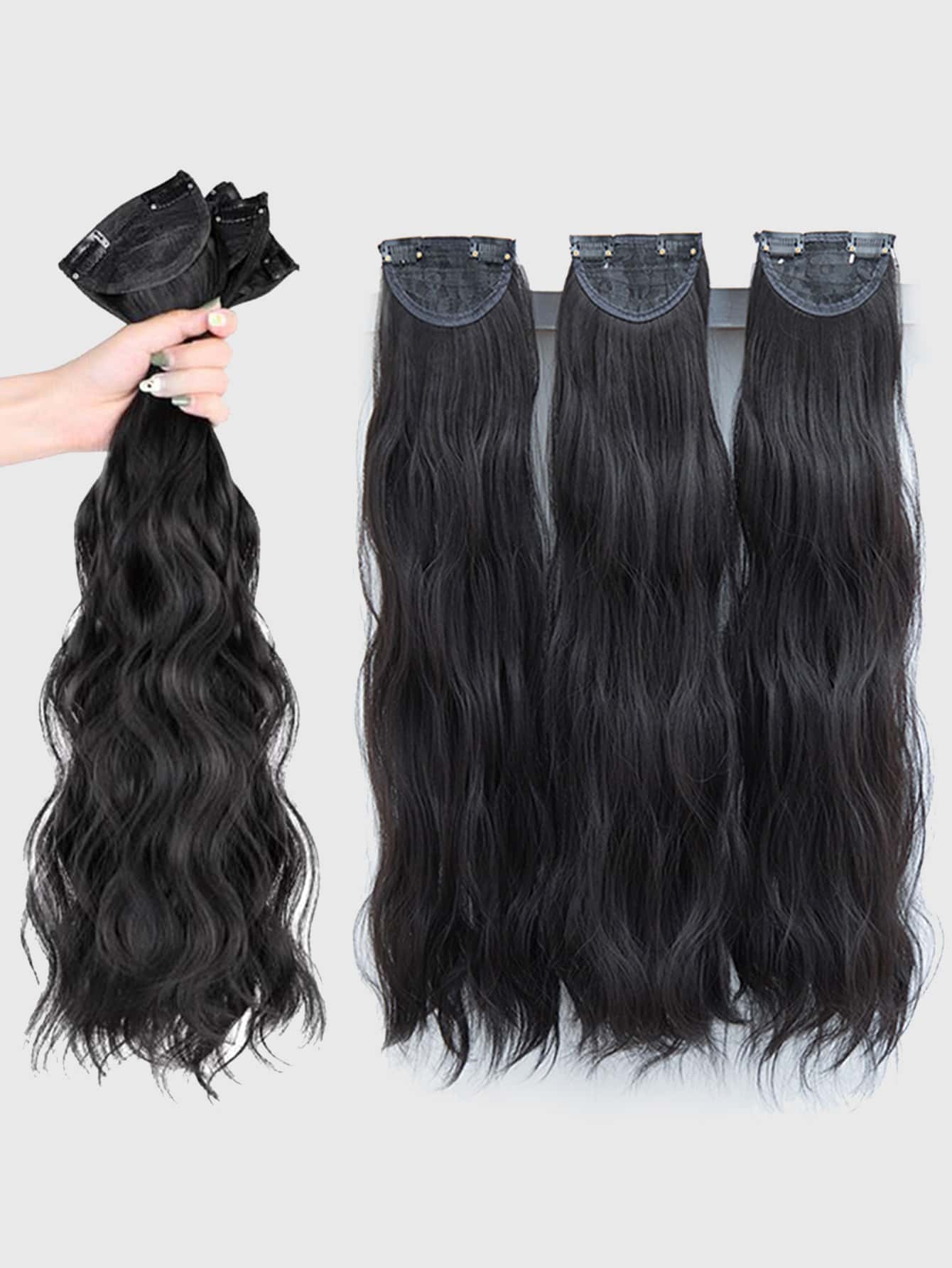 假髮女長發【水波紋】三片接發膜長髮捲發蓬鬆髮捲無痕假髮膜 - 黑色 - 查看 1