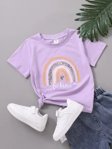 Cô gái trẻ Thời trang, Dễ thương, Đầy màu sắc, Cổ điển, Phù hợp, Áo thun tay ngắn có chữ, Hoa, Cầu vồng, Họa tiết graffiti, Thích hợp khi đi du lịch, Mua sắm, Trang phục hàng ngày, Đi học, Tiệc tùng, Mùa hè, Người yêu, Màu trắng in hồng - Màu Lilac Tím - Xem 1