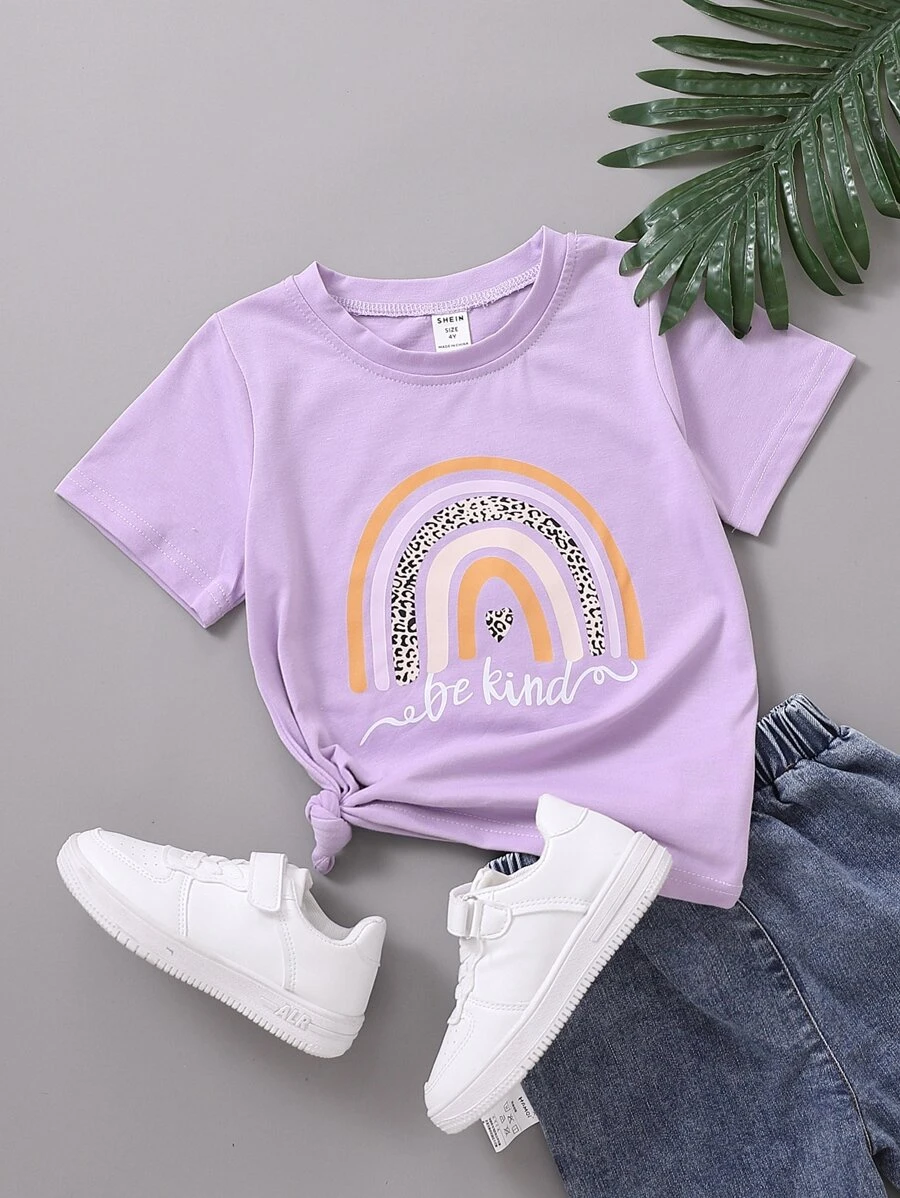 Cô gái trẻ Thời trang, Dễ thương, Đầy màu sắc, Cổ điển, Phù hợp, Áo thun tay ngắn có chữ, Hoa, Cầu vồng, Họa tiết graffiti, Thích hợp khi đi du lịch, Mua sắm, Trang phục hàng ngày, Đi học, Tiệc tùng, Mùa hè, Người yêu, Màu trắng in hồng - Màu Lilac Tím - Xem 1
