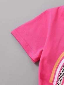 SHEIN Young Girl Fashionable, Colorful And Cute Short Sleeved T-Shirt, Printed With Interesting Texts, Flowers, Rainbows And Graffiti Patterns, Classic And Versatile, Suitable For Travel, Shopping, Daily Wear, School, And Parties In Summer. Available In Sweet White And Rose Pink Colors.,Holiday,Summer,Travel