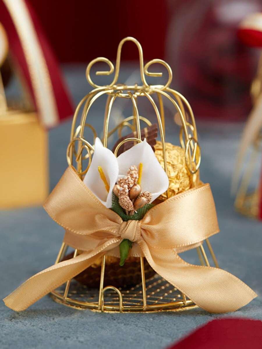 Hộp 1pc Thiết kế Lồng Hoa & Nơ Trang trí - Vàng - Xem 1