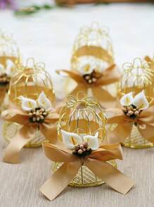 Hộp 1pc Thiết kế Lồng Hoa & Nơ Trang trí - Vàng - Xem 5