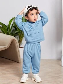 SHEIN 嬰兒半拉鏈門襟翻蓋口袋連帽衫和運動褲 - 淺藍色 - 查看 1