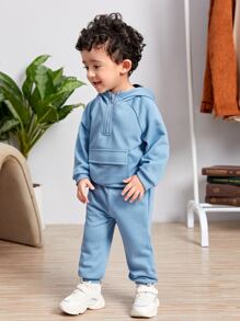 SHEIN 嬰兒半拉鏈門襟翻蓋口袋連帽衫和運動褲 - 淺藍色 - 查看 3