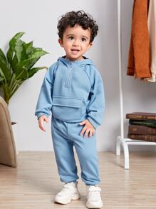 SHEIN 嬰兒半拉鏈門襟翻蓋口袋連帽衫和運動褲 - 淺藍色 - 查看 4