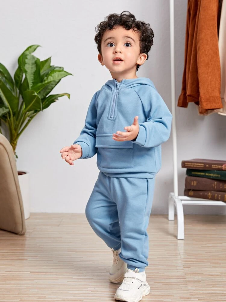 Baby Zip Half Placket Flap Pocket Hoodie & Sweatpants