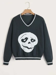 Skeleton Pattern Drop Shoulder Sweater - Dark Grey - View 1