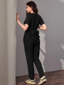 Seusyu Patched Detail Belted Tee & Seam Front Trousers - Black - View 2