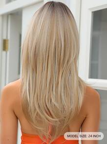 Peluca sintética recta larga con capas de oro marrón degradado con flequillo - Dorado - Ver 2