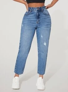SHEIN PETITE Jeans ajustados mom desgarro de talle alto - Azul lavado medio - Ver 1