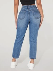 SHEIN PETITE Jeans ajustados mom desgarro de talle alto - Azul lavado medio - Ver 2