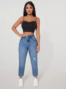 SHEIN PETITE Jeans ajustados mom desgarro de talle alto - Azul lavado medio - Ver 3