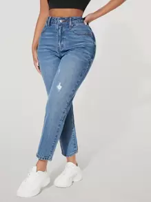 SHEIN PETITE Jeans ajustados mom desgarro de talle alto - Azul lavado medio - Ver 4