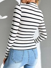 SHEIN Essnce Áo thun nữ Gân đan Sọc Giải trí - trắng - Xem 2