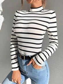 SHEIN Essnce Áo thun nữ Gân đan Sọc Giải trí - trắng - Xem 3