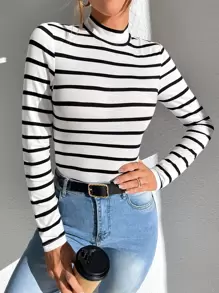 SHEIN Essnce Áo thun nữ Gân đan Sọc Giải trí - trắng - Xem 5