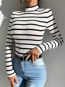 SHEIN Essnce Áo thun nữ Gân đan Sọc Giải trí - trắng - Xem 6