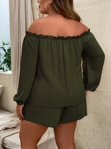 SHEIN Holidaya Plus Off Shoulder Lantern Sleeve Tie Front Top & Shorts Set - Army Green - View 2