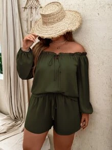 SHEIN Holidaya Plus Off Shoulder Lantern Sleeve Tie Front Top & Shorts Set - Army Green - View 3