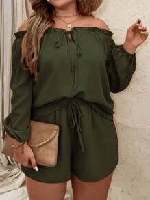 SHEIN Holidaya Plus Off Shoulder Lantern Sleeve Tie Front Top & Shorts Set - Army Green - View 4