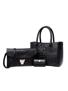 3pcs Crocodile Embossed Twist Lock Tote Bag Set, Best Work Bag For Women - Black - View 1