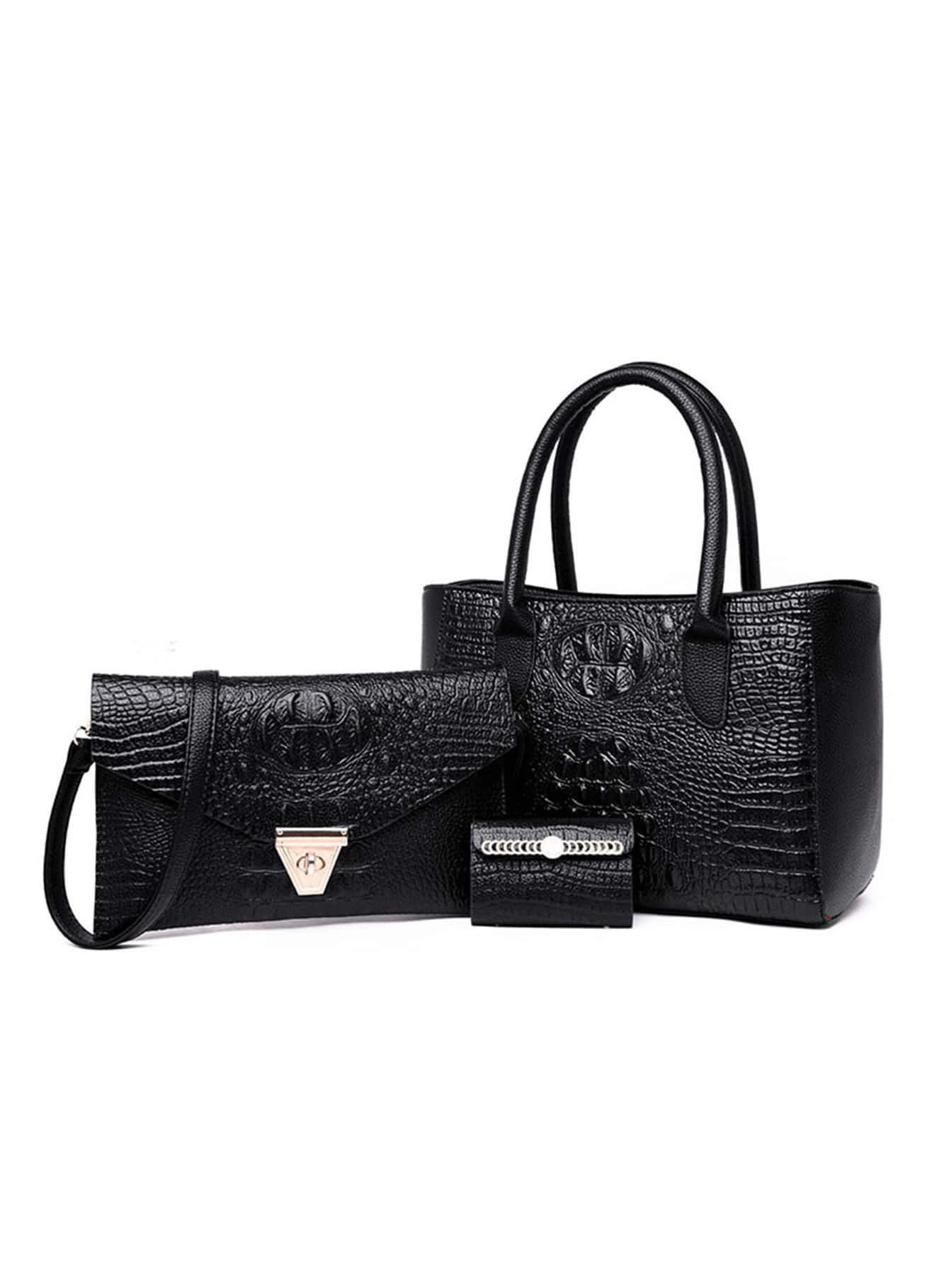 3pcs Crocodile Embossed Twist Lock Tote Bag Set, Best Work Bag For Women - Black - View 1