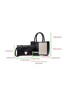3pcs Crocodile Embossed Twist Lock Tote Bag Set, Best Work Bag For Women - Black - View 3