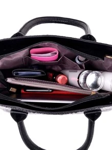 3pcs Crocodile Embossed Twist Lock Tote Bag Set, Best Work Bag For Women - Black - View 7