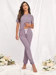 Slogan Graphic Bow Front Lounge Set Outfit - Mauve Purple - View 1