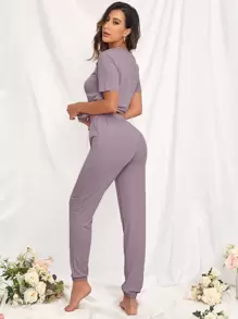 Slogan Graphic Bow Front Lounge Set Outfit - Mauve Purple - View 2