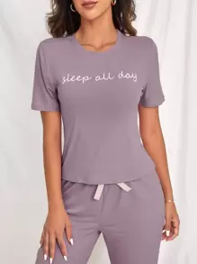 Slogan Graphic Bow Front Lounge Set Outfit - Mauve Purple - View 3