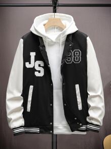 Manfinity Campus Court 男士1入組字母貼布撞色條紋飾邊學院風夾克 - 黑色 - 查看 1