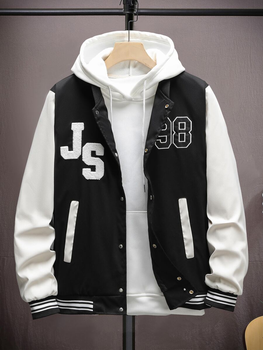 Manfinity Campus Court 男士1入組字母貼布撞色條紋飾邊學院風夾克 - 黑色 - 查看 1