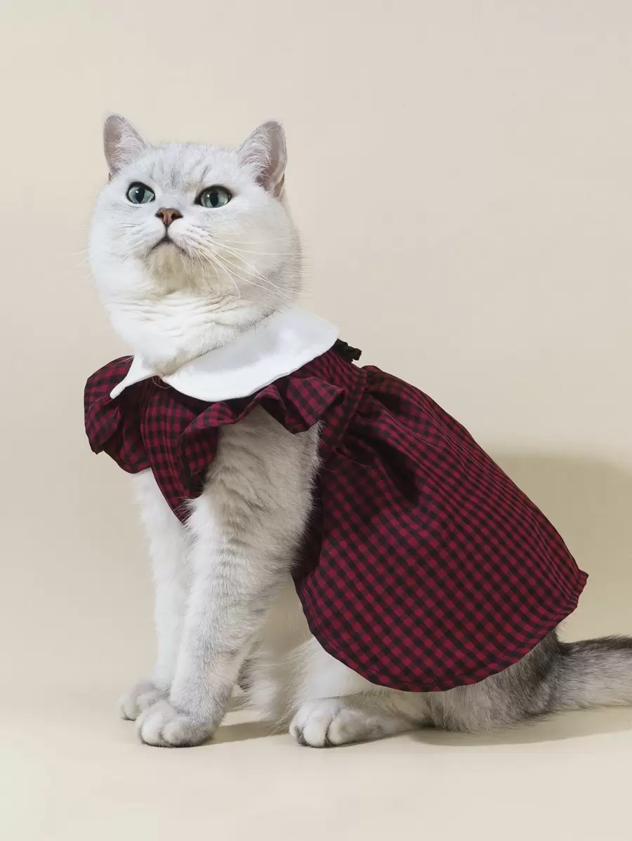 1入組格紋印花寵物連衣裙適用於狗狗適用於夏天 - 彩色 - 查看 1