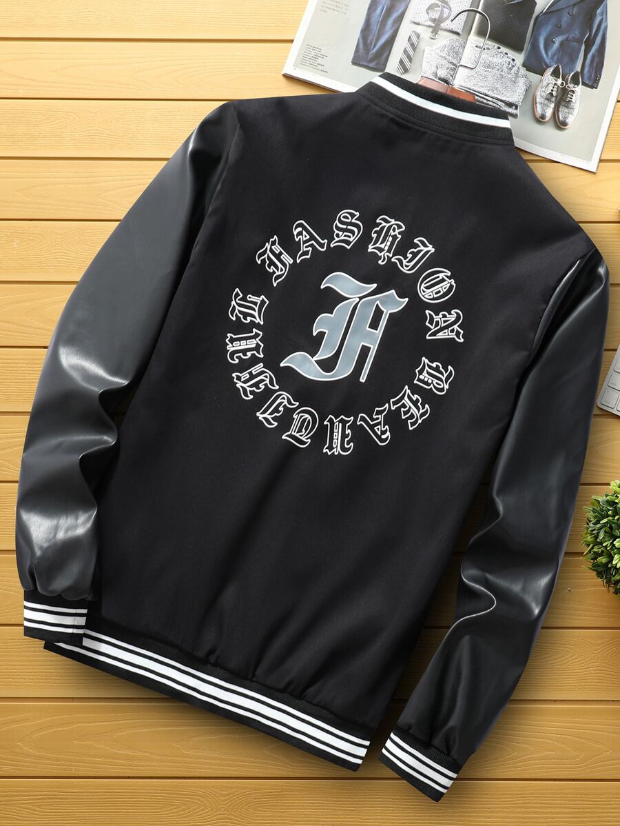 Manfinity Men Letter Graphic Striped Trim Varsity Jacket - Black - View 1