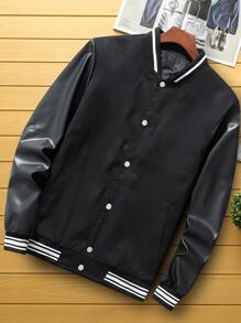 Manfinity Men Letter Graphic Striped Trim Varsity Jacket - Black - View 2