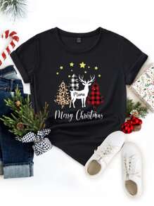 大碼聖誕&標語圖案T恤適用於聖誕 - 黑色 - 查看 1