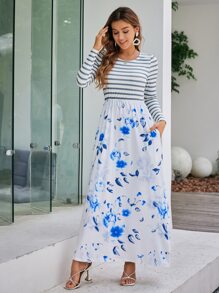 Simplee Floral & Striped Print Slant Pocket Dress - Blue - View 1