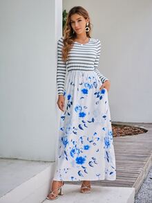 Simplee Floral & Striped Print Slant Pocket Dress - Blue - View 3