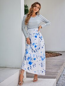 Simplee Floral & Striped Print Slant Pocket Dress - Blue - View 4