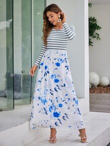 Simplee Floral & Striped Print Slant Pocket Dress - Blue - View 6