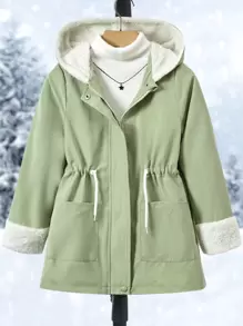 女孩1入組雙口袋腰部抽繩毛絨內襯連帽派克大衣 - 薄荷綠 - 查看 1