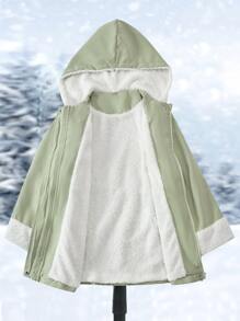 女孩1入組雙口袋腰部抽繩毛絨內襯連帽派克大衣 - 薄荷綠 - 查看 3