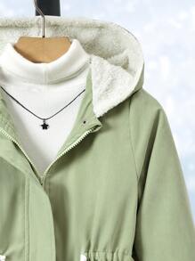 女孩1入組雙口袋腰部抽繩毛絨內襯連帽派克大衣 - 薄荷綠 - 查看 6