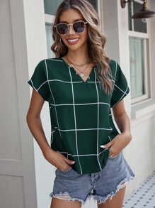 SHEIN Clasi Blusa estampado de cuadros de cuello notch - Verde Oscuro - Ver 1