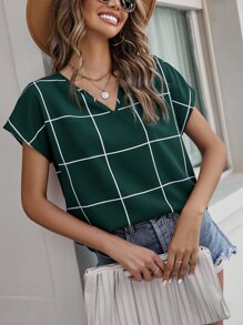 SHEIN Clasi Blusa estampado de cuadros de cuello notch - Verde Oscuro - Ver 4