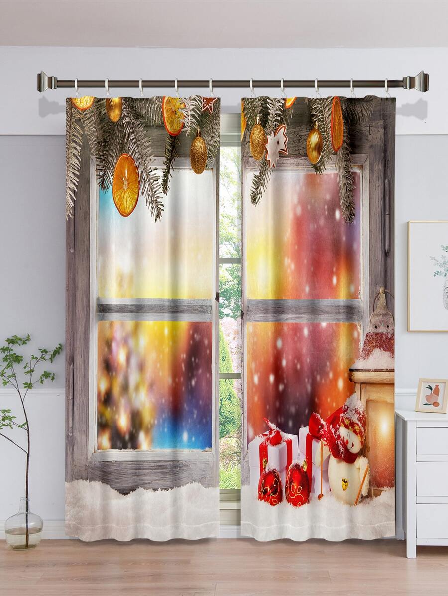 2 piezas Cortina Navidad con muñeca de nieve & con patrón de regalo impermeable - Multicolor - Ver 1