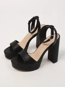 Women Black Buckle Decor Platform Sandals, Open Toe Chunky Heel Ankle Strap Sandals,Spring Summer Outfits - Black - View 2