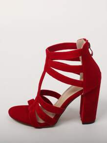 Faux Suede Zipper Back Chunky Heeled Gladiator Sandals - Red - View 3